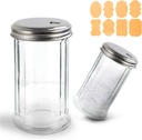2 Pcs 350ml Glass Sugar Dispenser, Sugar Shaker with Stainless Steel Side Open Lid, Retro Style Clear Durable Coffee Bar Accessories with 1pcs Label for Salt Spices Pepper Tea