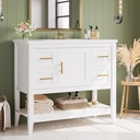 IRONCK Bathroom Vanity with Sink, 36" Modern Undermount Bathroom Sink Cabinet with 4 Drawers&Open Shelf, Vanity Sink with Charging Station and Door Shelves, White