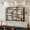 Wall Mounted Wine Rack with LED Light,Metal Floating Shelves Featuring Hanging Wine Glass Holder,Liquor Bottle Display Shelf,Large Capacity Storage,for Bar,Wine Cellar,Kitchen Decor,Black/Go