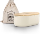 LARS NYSØM Bread Box I Metal Box with linen bag for long lasting freshness I Bread Bin with bamboo lid usable as cutting board I 14.2x7.5x5.1 In (Almond Beige)