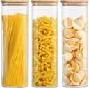 Glass Food Storage Jars with Lids(2.2QT)Square Set of 3 ,Glass Storage Containers Clear Glass Food Canister with Bamboo Lid Airtight For Serving Tea, Coffee Beans, Flour,Cookie, Cereal,Spice and More