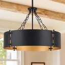 23.62'' Modern Drum Chandelier Black and Gold 6-Light Farmhouse Industrial Large Pendant Light Fixture Adjustable Rustic Hanging Ceiling Light Chandeliers for Dining Room Kitchen Living Room Entryway