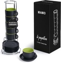 MIAMIO - 2.5 oz Espresso Cup Set with Saucers Set of 6 - Ceramic Coffee Mug Stackable Espresso Mug with Stand for Coffee Drinks, Latte, Cafe Mocha - Le Papillon Collection (Green)