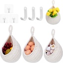 3 Pack Boho Wall Hanging Fruit Baskets for Kitchen Woven Produce Holder with 6 Pcs Strong Hooks Vegetable Hanging Basket for Organizing Teardrop Home Wall Potato Onion Storage, White