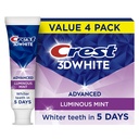 Crest 3D White Advanced Toothpaste, Luminous Mint, 3.7 oz (Pack of 4), Whiter Teeth in 5 Days, Enamel Safe Fluoride Toothpaste for Cavity Protection and Stain Removal
