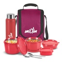MILTON Pro Lunch Box with Steel Cutlery, 3 Microwave Safe Inner Steel Containers (180 ml, 320 ml, 450 ml), Plastic Chutney Dabba,100 ml, Bottle, 750 ml with Insulated Bag, Office Tiffin, Maroon
