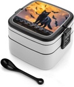 Bento Box Stackable 2 Layers Containers Adult Lunch Box The Black Cat Is Pacing on The Roof Lunchbox for Women Men All-in-One Meal Prep Containers Leakproof Lunch Containers for Work