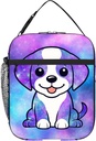 Kids Galaxy Dog Lunch Bag, Cute Dog Puppy Insulated Lunch Box Cooler Thermal Food Tote, Funny Purple Blue Galaxy Animal Print Lunchbox Reusable Meal Handbags for Boys Girls Women Men