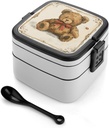 Vintage Bear Toy Bento Box with Compartments Double Layer Bento Lunch Box with Spoon And Handle All-in-One Adult Lunchbox Leakproof Lunch Container for Work Picnic Travel