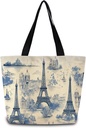 Eiffel Tower Tote Bag Reusable Grocery Bags Aesthetic Shopping Shoulder Handbag with Interior Zipper Pocket Stylish Eiffel Tower Present for Women