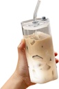 Glass Cup with Transparent Lid and Straw,12 Oz Iced Coffee Cup,Glass Smoothie Drinking Cups Set, Reusable Transparent Glasses Cups Suitable for Cocktails,Beer,Coffee