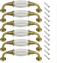 XINGYHENG 6PCS Cabinet Dresser Pulls White Ceramic Dresser Pulls Cupboard Drawer Pull Knobs Door Pull Handle with Screws 3.8"/96mm Centers (Gold, White) (3.78 Inch Hole Centers)