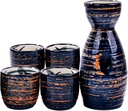 Japanese Sake Set - 1 Ceramic Sake Decanter & 4 Cups, Traditional Black and Blue Handcrafted Glaze for Home Dining, Gift, or Sake Serving