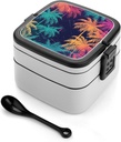 Colorful Palm Trees Bento Box with Compartments Double Layer Bento Lunch Box with Spoon And Handle All-in-One Adult Lunchbox Leakproof Lunch Container for Work Picnic Travel