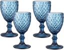 Vintage Wine Glasses Set of 4, 8 oz Colored Wine Goblets Glass Stemmed Water Drinking Glassware with Embossed Pattern for Wedding/Party/Bar,Blue,Diamonds