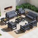 SERWALL 8 Pieces HDPE Outdoor Conversation Sofa Set with Cushion, All Weather Couch Loveseat Furniture Set with Pads, Outdoor Social Sofa Coffee Table Set, Black Frame with Grey Cushions