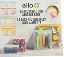 Ello 14 Reusable Produce Bags, Assorted Sizes (Snack, Sandwich, Half Gallon), Zipper Closure, PEVA Material, Multicolored, Leak Resistant, Dishwasher Safe