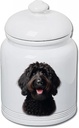 Best of Breed Labradoodle Black Dog and Cat Ceramic Treat Jar 9" Tall Air Tight Seal All White