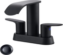 Waterfall Bathroom Faucet 4 Inch Centerset – WOWOW 2 Handle Matte Black Sink Faucet for 2 or 3 Hole Vanity, Modern Stainless Steel Zinc Alloy with Pop Up Drain and cUPC Hose for Basin