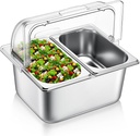 Countertop Food Serving Display Container and Clear Roll Top Cover Half Size Stainless Steel Food Serving Tray Condiment Dispenser with 2 Removable Containers for Restaurant Kitchen Buffet