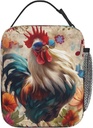 Retro Rooster Print Insulated Lunch Box Gifts for Kids Adults Colorful Farm Chicken and Floral Design Reusable Portable Lunchbox Cooler Lunchbag for Work Picnic School Travel or Hiking