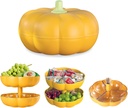 Big Pumpkin Snack Holder with Lid, Double Layer Serving Container with 3 Divided Compartments, Candy Fruit Nut Tray, Snack Bowl (Orange)