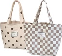 2PCS Corduroy Small Tote Bag for Women Cute Checkerboard Mini Tote Bag Preppy Aesthetic Reusable Bags for Grocery, Essentials, Water Bottle, Keys