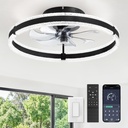 LEDIARY Ceiling Fans with Lights and Remote, 20'' Low Profile Ceiling Fan with Light, 3000-6000K Dimmable Fandelier Ceiling Fans, Modern Flush Mount Fan Light for Bedroom with 6 Wind Speeds- Black