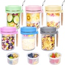 6 Pack Overnight Oats Containers with Lids, Spoons, Divided Compartments - 16 oz Glass Wide Mouth Mason jars, BPA-free, Leak Proof - Meal Prep Jars for Yogurt Parfait, Chia Pudding, Oatmeal