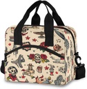 Oldschool Tattoo Lunch Bag Reusable Insulated Lunch Box Leakproof Cooler Tote Bag with djustable Shoulder Strap for Travel, Picnic, Office, Work