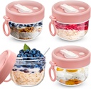 4 Pcs Overnight Oats Container with Lids and Spoons, 20 oz Plastic Overnight Oats Jars Large Capacity Airtight Yogurt Container for Milk, Fruit, Cereal and Salad Storage (Pink)