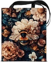 Aesthetic Bee Print Canvas Tote Bag for Women Floral Bee Dark Academia Reusable Grocery Shoulder Bag for Shopping Work Travel Totes