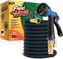 Flexi Hose with 8 Function Nozzle, 75FT - Lightweight Expandable Garden Hose, No-Kink Flexibility, 3/4 Inch Solid Brass Fittings and Double Latex Core