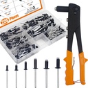 ISPINNER 225pcs Black Aluminum Blind Rivets Assortment Kit with Heavy Duty Hand Riveter Rivet Gun Tool, 6 Sizes Pop Rivets with Divider & Labeled Case