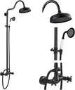 gotonovo Luxury Exposed Shower Faucet Set Bathroom Shower System 8 Inch Wall Mount Rainfall Shower Head with Handheld Spray Cross Double Handle Shower Fixture Adjustable Arc Rod Oil Rubbed Bronze