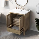 Harper & Bright Designs 24" Bathroom Vanity with Ceramic Basin, Rattan Bathroom Storage Cabinet with Two Doors and Drawer, Solid Frame, Natural