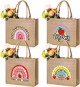 Silkfly 4 Pcs Teacher Appreciation Gift Jute Teacher Tote Bag Rainbow Teacher Gift for Women Christmas Graduation Retirement