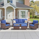 5PCS Patio Furniture Set, Outdoor Wicker Sofa Couch with Round Armrest, Swivel Rocking Chairs, Ottomans, Comfy Cushions, All-Weather Conversation Set with Deep Seating, Outdoor Furniture for Garden