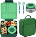 Bento Lunch Box Set for Kids with 8oz Soup Thermo, Leak-Proof Lunch Containers with 4 Compartment, Kids Thermo Hot Food Jar and Insulated Lunch Bag for School-Deep Green
