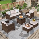 Patio Furniture Set, 6 Pcs Wicker Rattan Outdoor Conversation Set, 2 x Leg Chairs, 1 x 3 Seater Sofa and 2 x Ottoman with 4" Thick Cushion and 32" Fire Pit Table, Beige