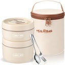 Dandat 2 Pcs Insulated Lunch Containers Thermal Bento Box with Bag Fork Knife Microwavable Stainless Steel Lunch Box 15.2 oz 21 oz Separate Stackable Thermal Food Jar for Adult Men Women(Beige)