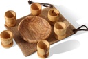 Olive Wood Mini Communion Cups with Bread Tray – Set of 6 wooden Hand-Carved Kiddush Cups in Gift Bag – Made in Bethlehem, Christian Church Worship Set with Certificate of Origin