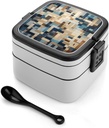 Brown Square Style Bento Box Adult Lunch Box All-in-One Lunch Containers with Removable Compartments Double Layer Bento Lunch Box with Spoon And Handle Stackable Lunchbox