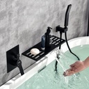 SHAMANDA Wall Mount Bathtub Faucet with Sprayer, Waterfall Tub Filler with Handheld Showerhead, Single Handle Tub and Shower Faucet Combo Set with Rough-In Valve Body and Trim, Matte Black, L903-7