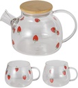 THY Collectibles Glass Strawberry Carafe Pitcher Set with 2 Cups and Strainer, Kettle with Handle Water Jug for Drinks, Juice, Ice Tea, Beverages (Small - 32 fl oz)