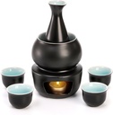 Foraineam Ceramic Sake Set with Warmer, Japanese Style Porcelain Hot Saki Drink Warmer Set, 7 Pieces Set Including 1 Stove, 1 Warming Bowl, 1 Sake Bottle, 4 Sake Cups