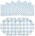 50PCS Light Blue Gingham Party Supplies - 7Inch Blue Scalloped Dessert Paper Plates and Napkins Set Disposable Plaid Dinner Party Set Cutlery for Baby Shower Birthday Wedding, Serve 25