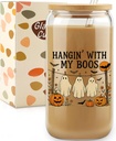 Ghost Halloween Cup, Fall Pumpkin Thanksgiving Decor, Hangin' With My Boos Funny Halloween Decorations, 16Oz Iced Coffee Glass Cups with Lids and Straws, Cute Spooky Gifts for Girls
