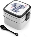 Adult Double-Layer Bento Box Portable Cute Elephant Lunchbox 1 L Capacity Leak-Proof Bento Box Microwave-Safe Food Container with Spoon And Hidden Handle
