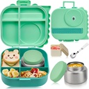 Bento Lunch Box with Thermo, 4-Compartment Bento Box with Adjustable Dividers, Leakproof Dinosaur Lunch Box with 14.2OZ Insulated Food Jar & Sauce Jar, for School Office Travel(Green)